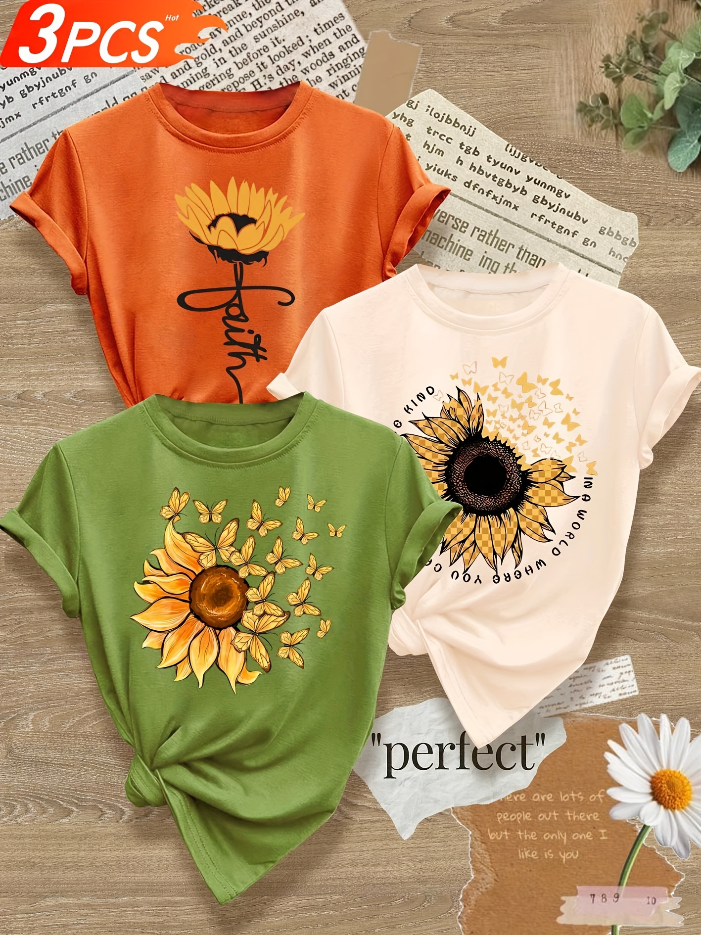 Cute Sunflower Graphic Tee For Women - Soft Cotton Blend Short Sleeve Top (Beige)