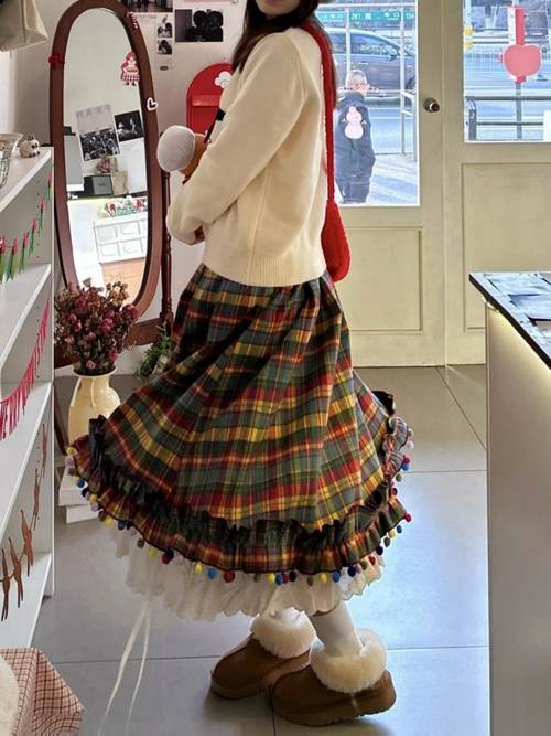 vintage christmas plaid skirt with lace trim tassel fringe long flowing skirt suitable for wear machine washable skirt