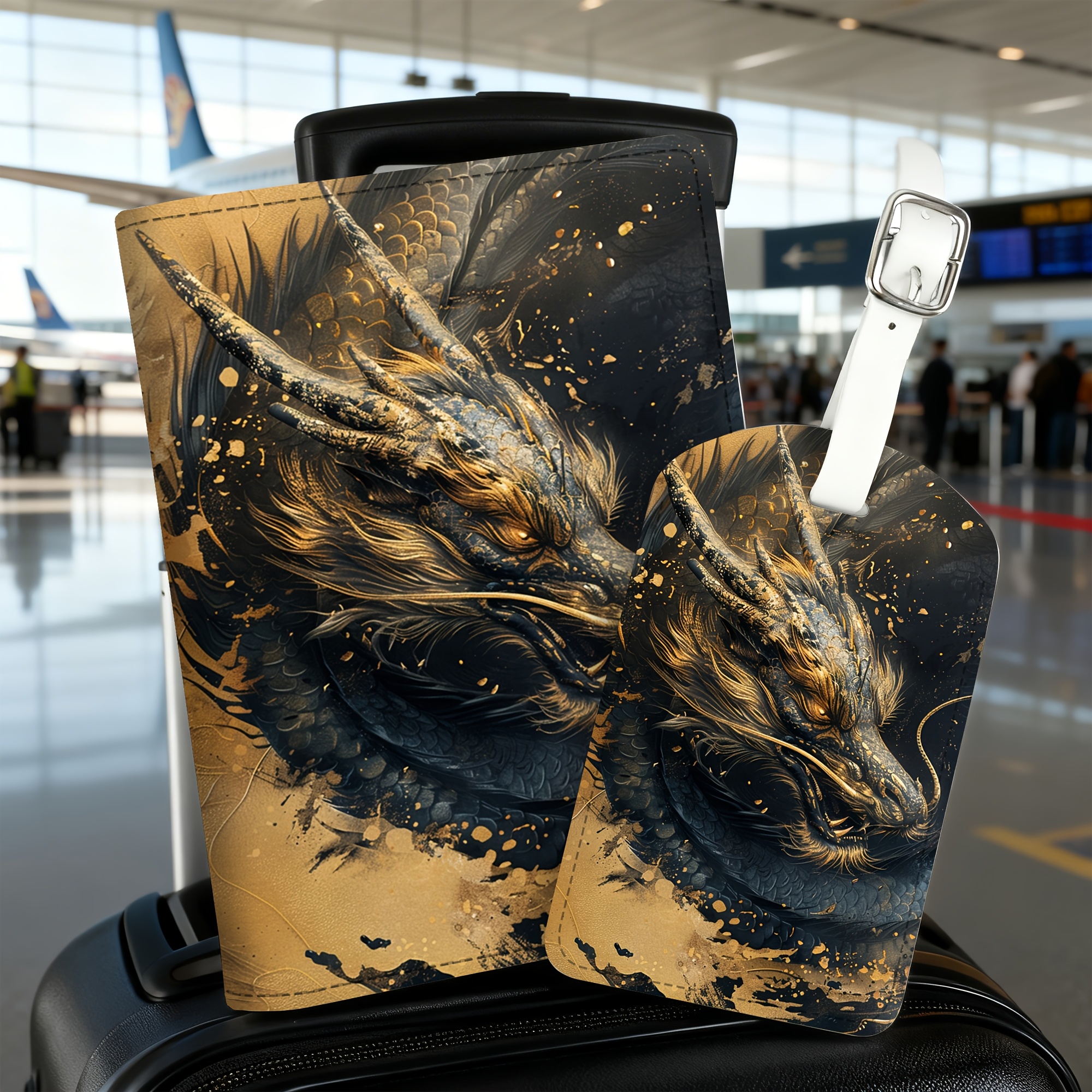 TEMU 2pcs Set Dragon Pattern Passport Holder And Luggage Tag, Lightweight Pu Material, Suitable For Travel Bags, Backpacks, Gym Bags, Luggage Id,