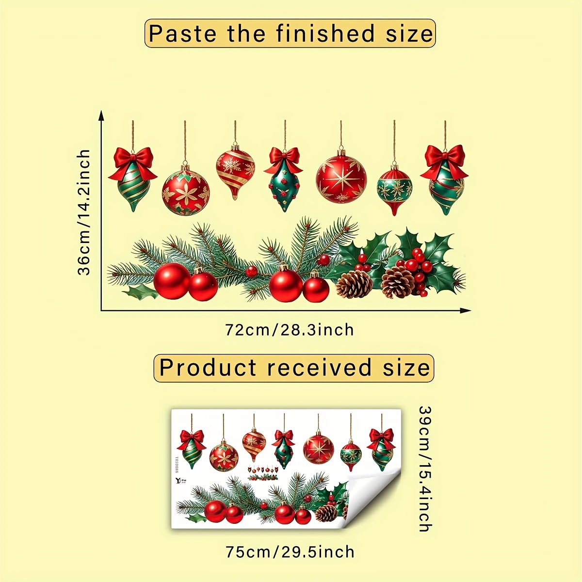 TEMU 1pc Self-adhesive Removable Christmas Window Clings With Bow, Ball, Pine Branches, Holly & Berries - Pvc Stickers Suitable For Glass Doors,,