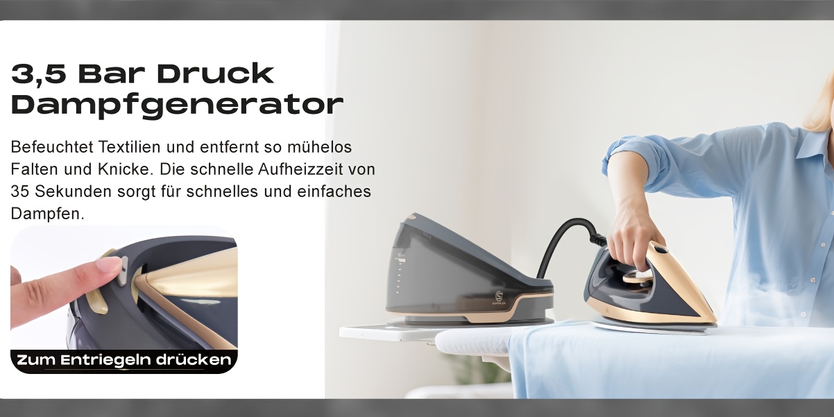 SUPERLEX Stoomstation met een keramisch gecoate, afneembare 1.3 L waterreservoir met een stoomproductie van 25-35G/min, opvallend lichtgewicht en stil.