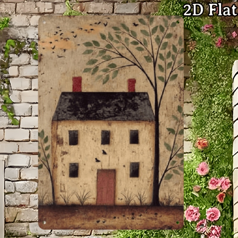 TEMU [2d Flat] 1pc Rectangular Cottage Design Metal Plaque, Outdoor Wall Decor, Whimsical Rustic Style, Cottage With Trees And Birds Against A