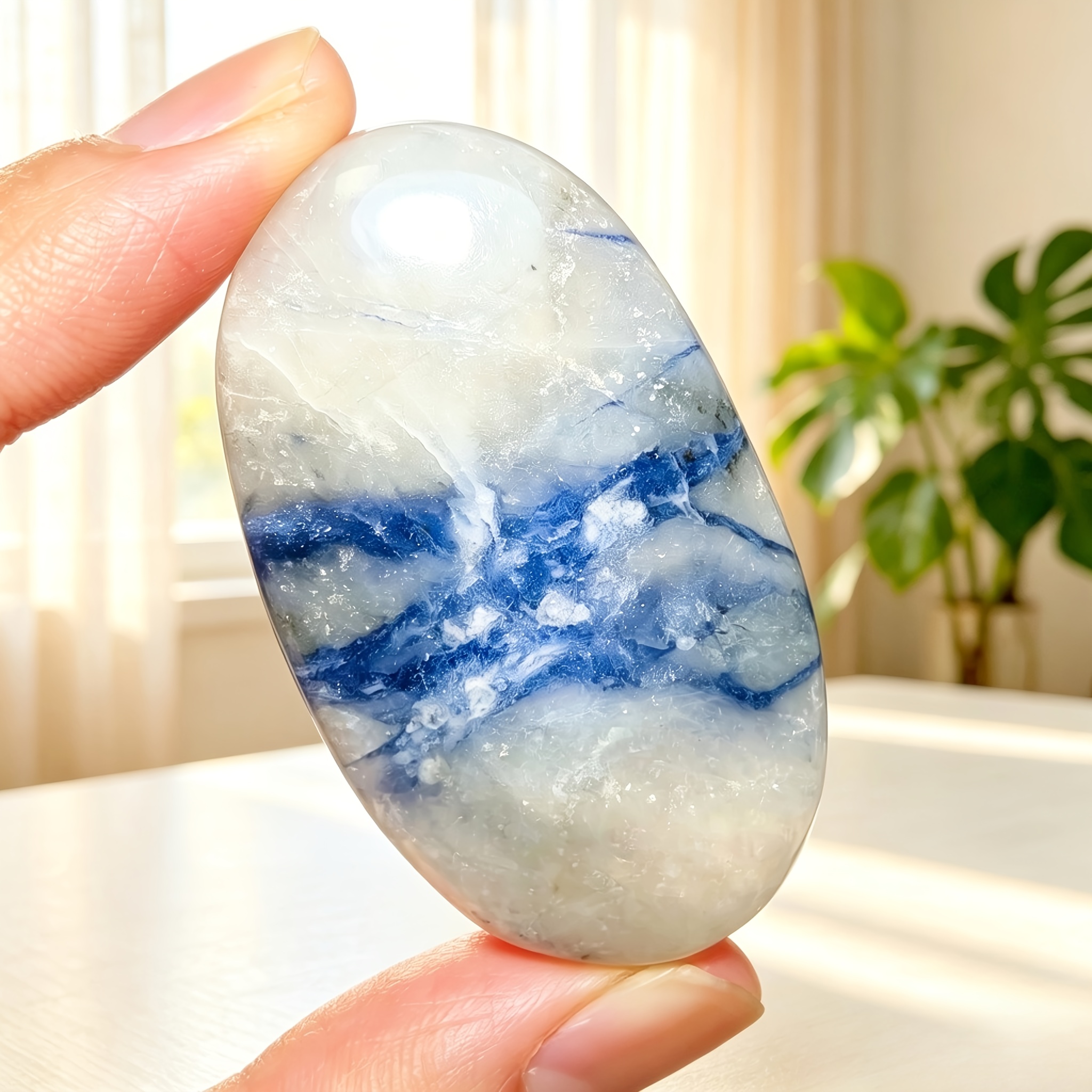 Random Polished Smooth Sodalite Palm Stone, Natural Blue White Decor
