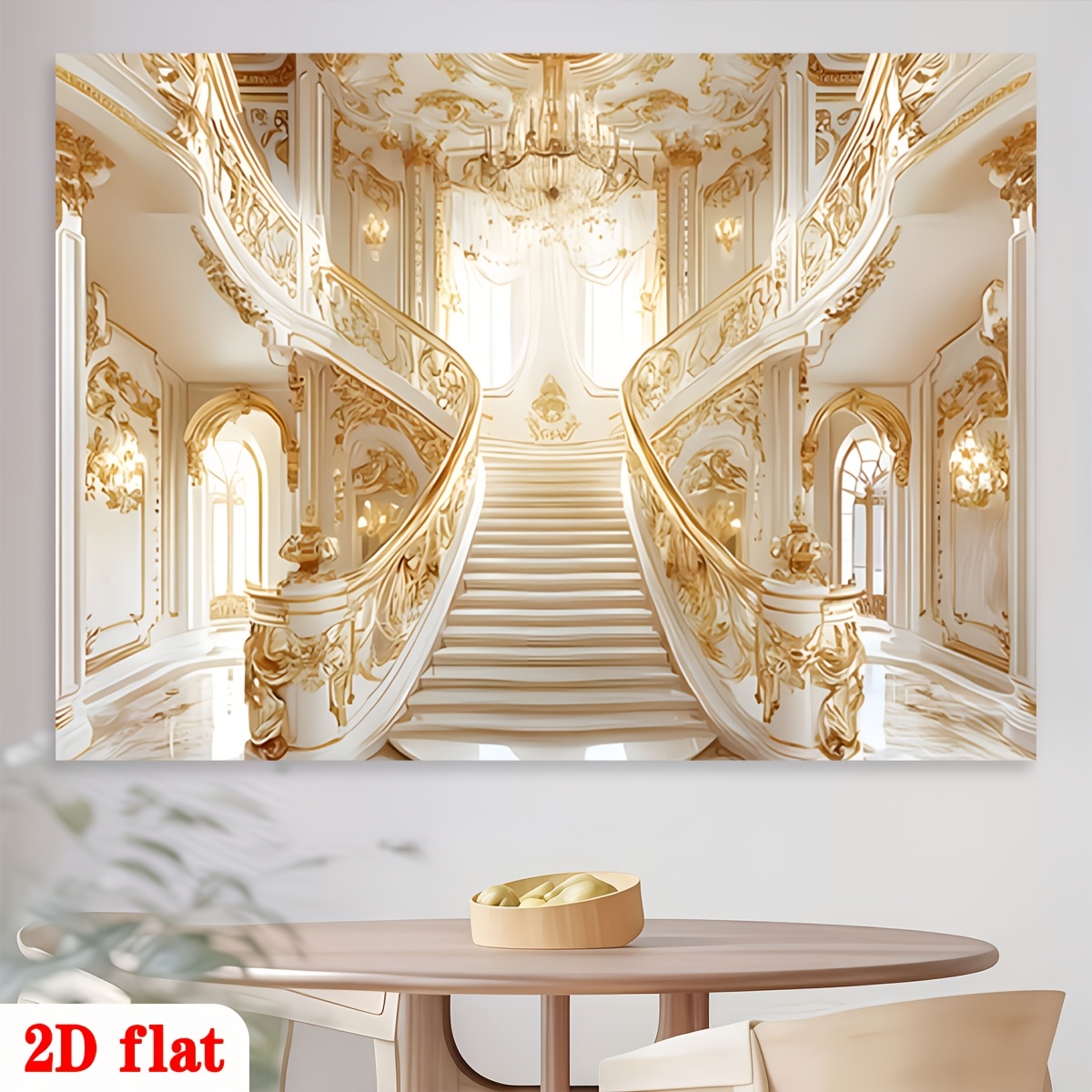 Golden Ornate Staircase White Marble Chandelier Backdrop Banner for Parties