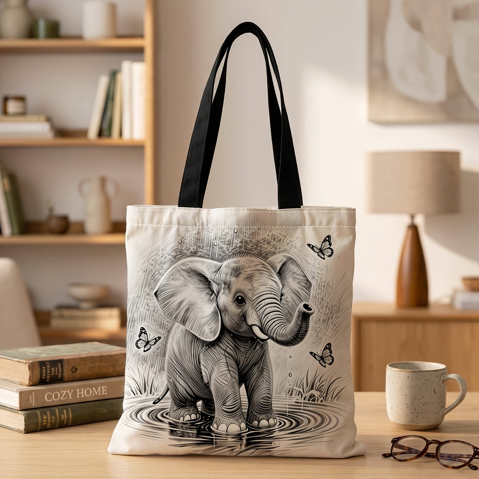 TEMU 2d Printed Handbag With Elephant Pattern, Reusable Fashion Shoulder Bag Shopping Tote Bag Suitable For Shopping Office Vacation Daily And Travel
