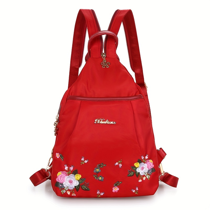 TEMU A Solid-color Versatile Ethnic-style Embroidered Floral Series Nylon Women's Fashion Backpack With Adjustable Multi-functional Shoulder Straps.