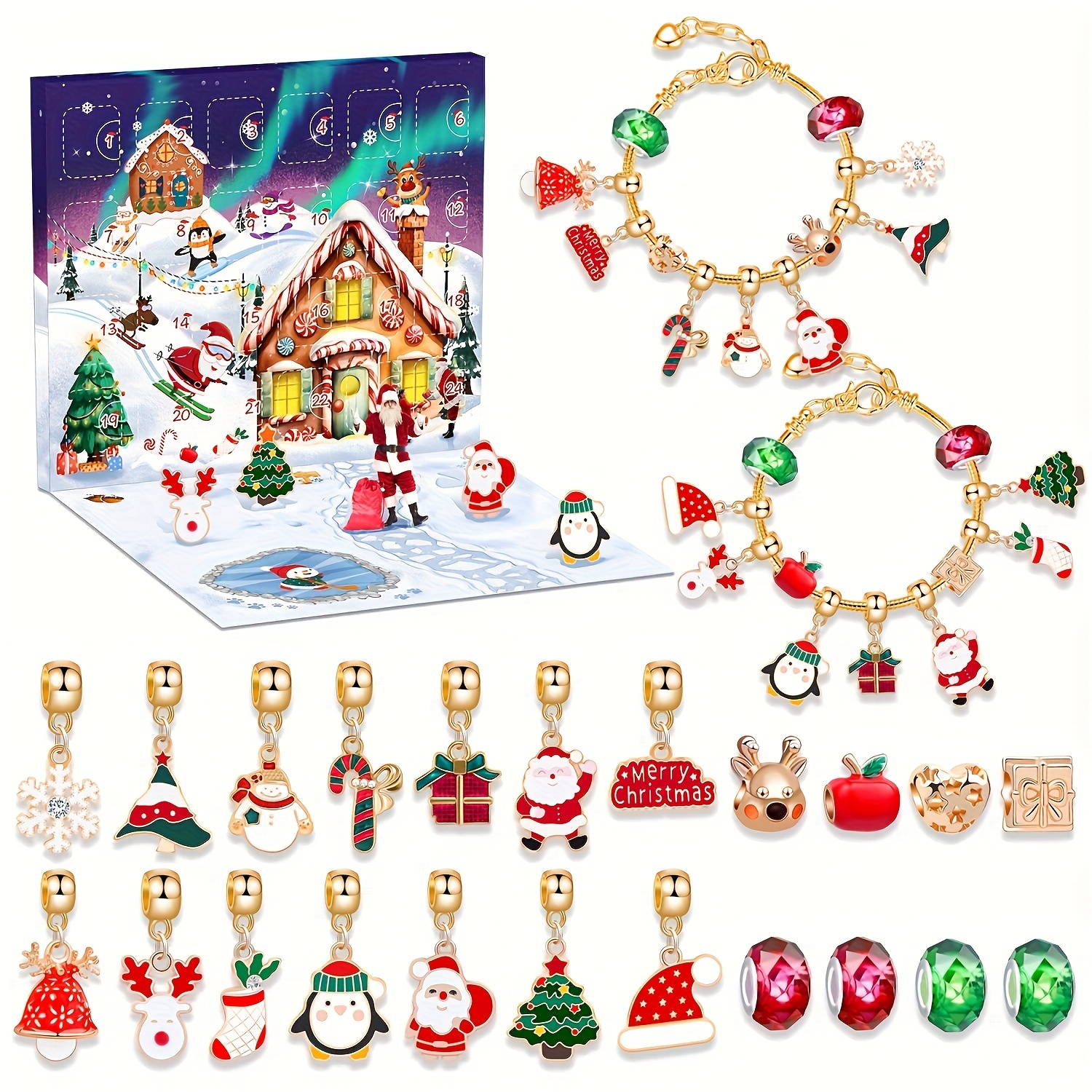 Image of Christmas Advent Calendar Bracelet Making Kit, 24 Days Xmas Countdown Calendar Jewelry Making Beading Kit, 22pcs Beads 2pcs Bracelets, Christmas Jewelry Gifts, Beading Supplies