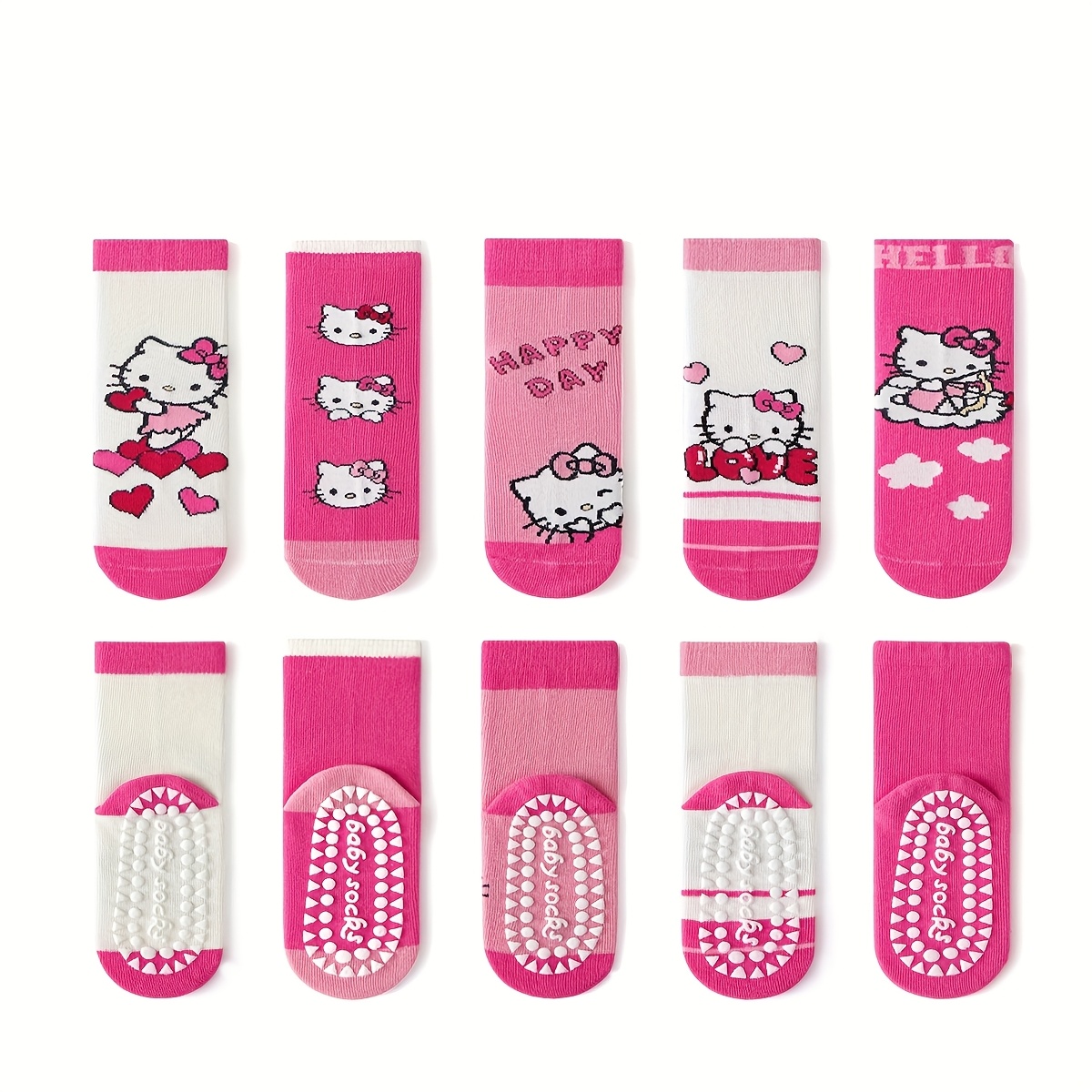 Image of 5 Pairs Of Hello Kitty Socks For Girls, Featuring Non-slip Rubber Dots On The Soles For Autumn And Winter, With Adorable Kitty Cat Designs