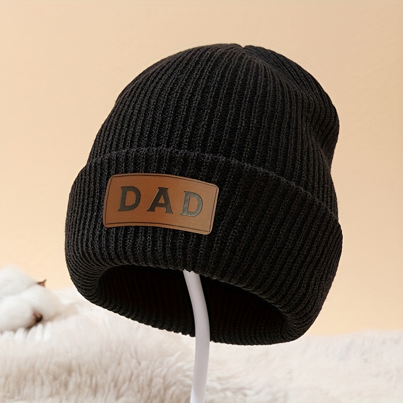 

Cozy Knit Beanie With Leather 'dad' Patch - Winter Hat For Men - Warm And Stylish - Hand Wash Or Dry Clean - High Elasticity - Knitted Fabric - Makefge Brand