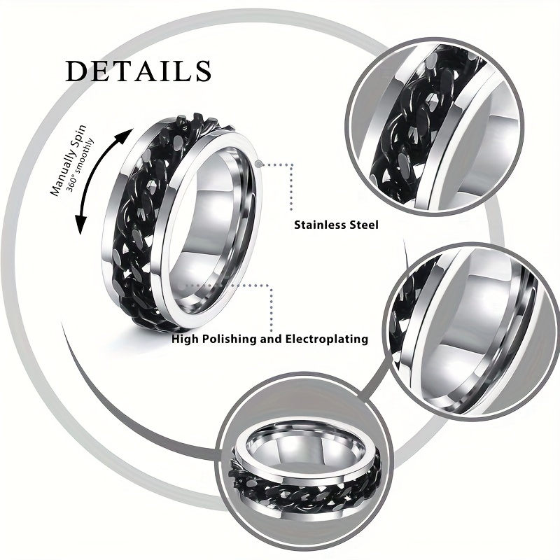 8pcs black fidget rings for anxiety relief spinning bands with unique patterns stainless  l cool chain design for casual to formal occasions casual wear bands stylish spinning bands durable stainless   Product details 2