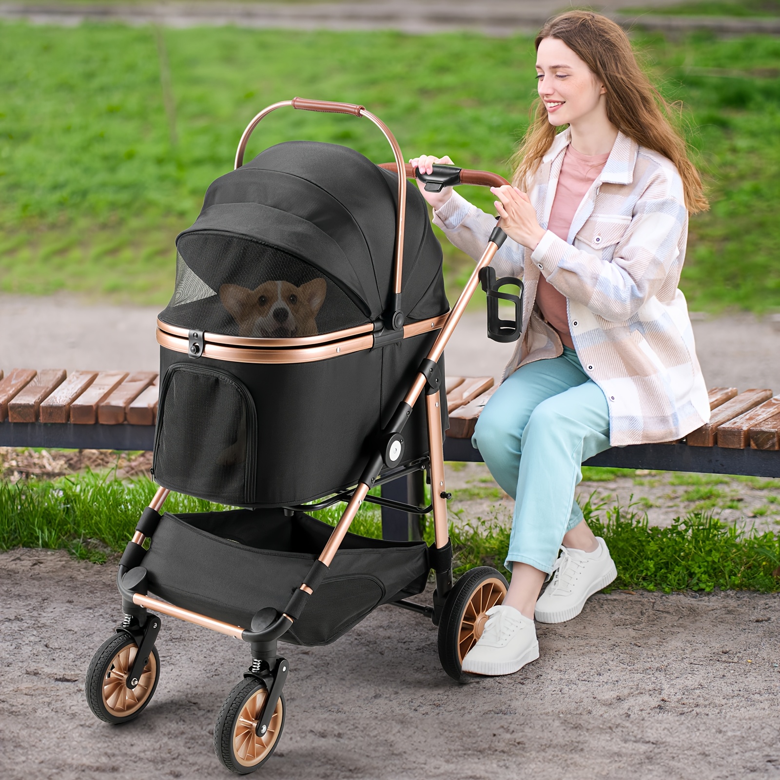 Image of 4-in-1 Dog Stroller, Cat Stroller, Foldable Dog Stroller, Foot Brake, Load-bearing Capacity 25kg, Multifunctional Dog Stroller, 4 Shock-absorbing Rubber Wheels