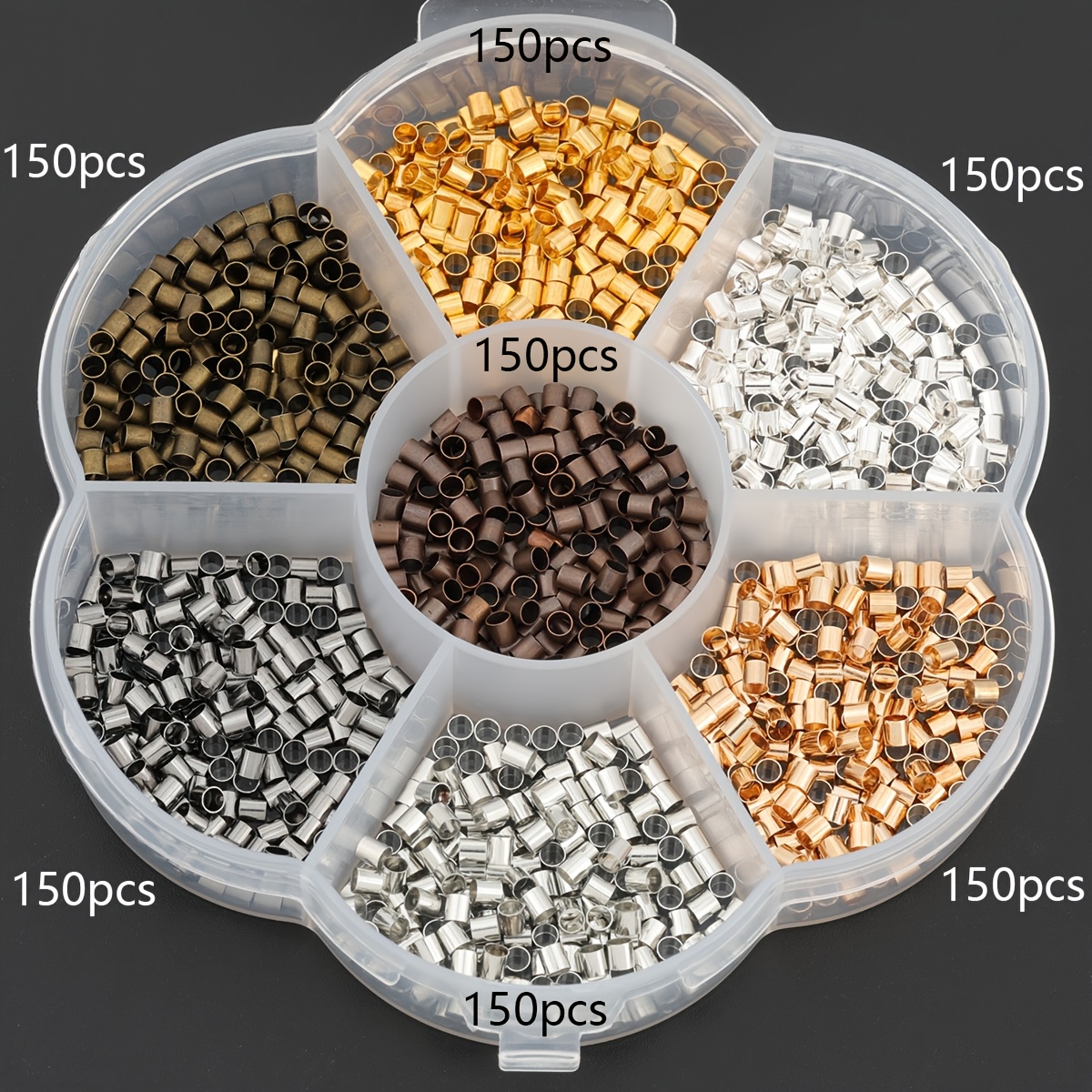 TEMU 1050pcs/box Jewelry Craft Parts Kit Crimping End Caps . 2mm Flattening And Fixing Round Tubes Spacer Beads Wire Beads Cylindrical Positioning