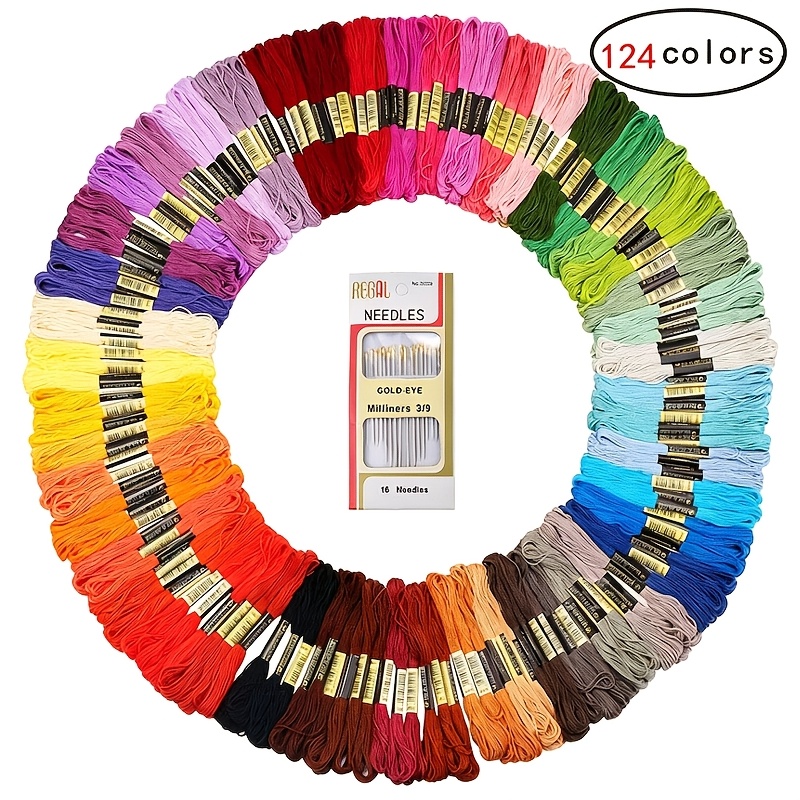 TEMU Set de Hilos de Bordar de 124 Colores, Suministros de Costura de Punto de Cruz de Fibra de Poliéster Premium, 16 Agujas de Bordar de Agujero