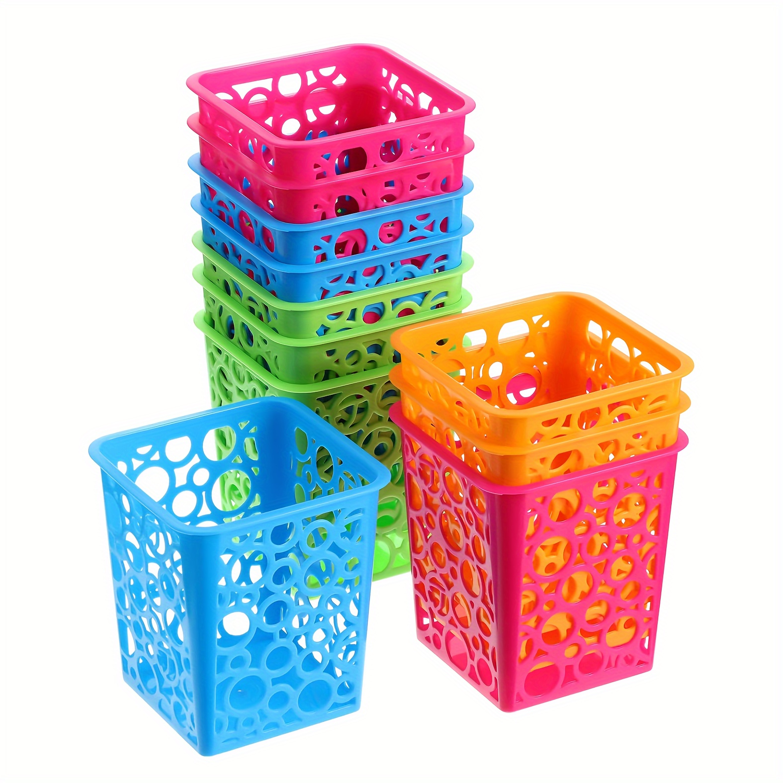 

8/12pcs Desk Pencil Holder Desktop Plastic Pencil Cups For Desk Hollow Square Classroom Pencil Baskets Office Storage Organizer For Makeup Cosmetic Cup For Home Classroom Drawer In 4 Bright Colors