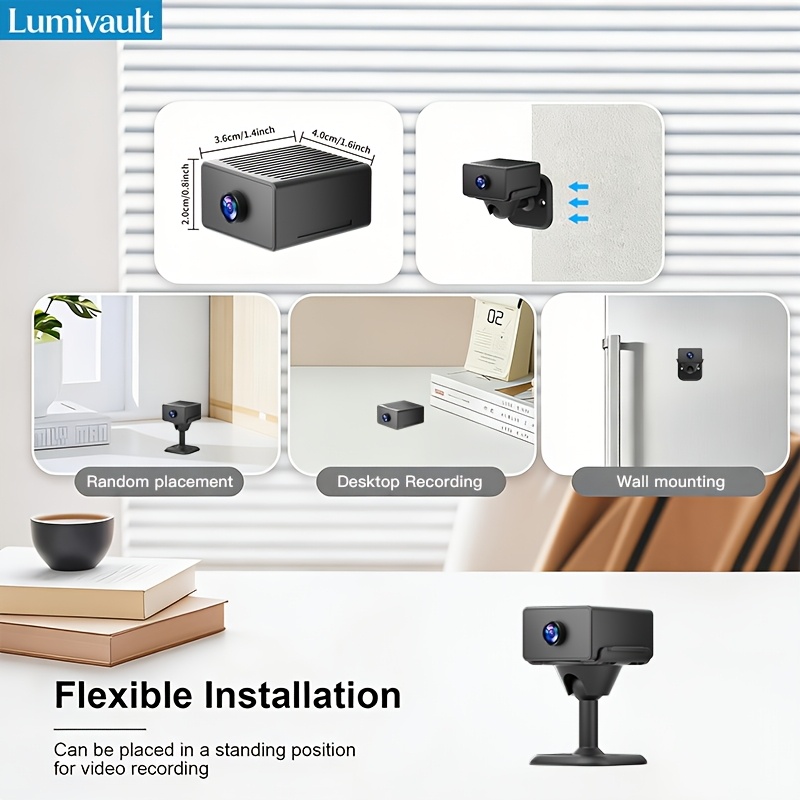 Caméra mini intelligente sans fil, caméra de sécurité avec support auto-adhésif - WiFi 2,4 GHz pour intérieur/extérieur, batterie 1000 mAh, rechargeable par USB, idéale pour voyages/locations | Surveillance domestique et d'animaux, visualisation par application mobile