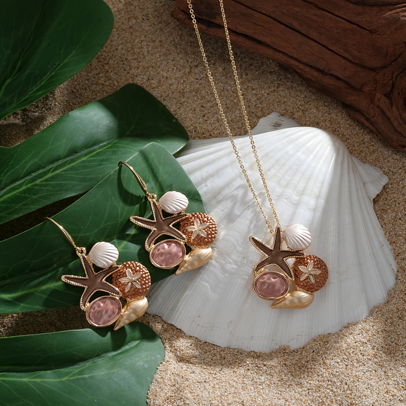 Ocean Themed Jewelry Set with Starfish Necklace and Earrings