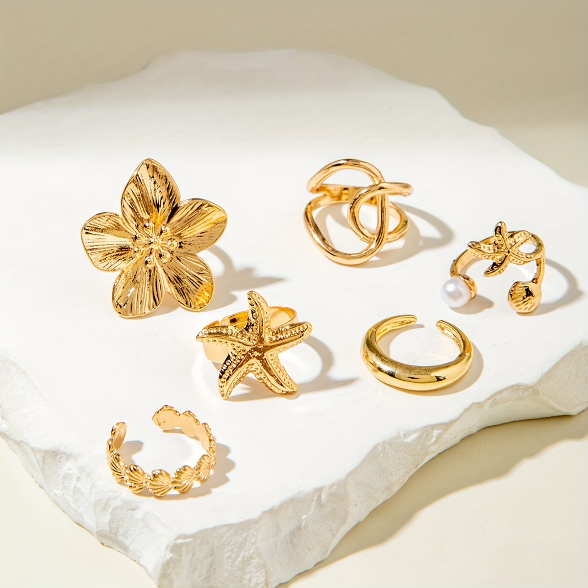 6pcs Boho Starfish Scallop Bead Rhinestone Ring Set