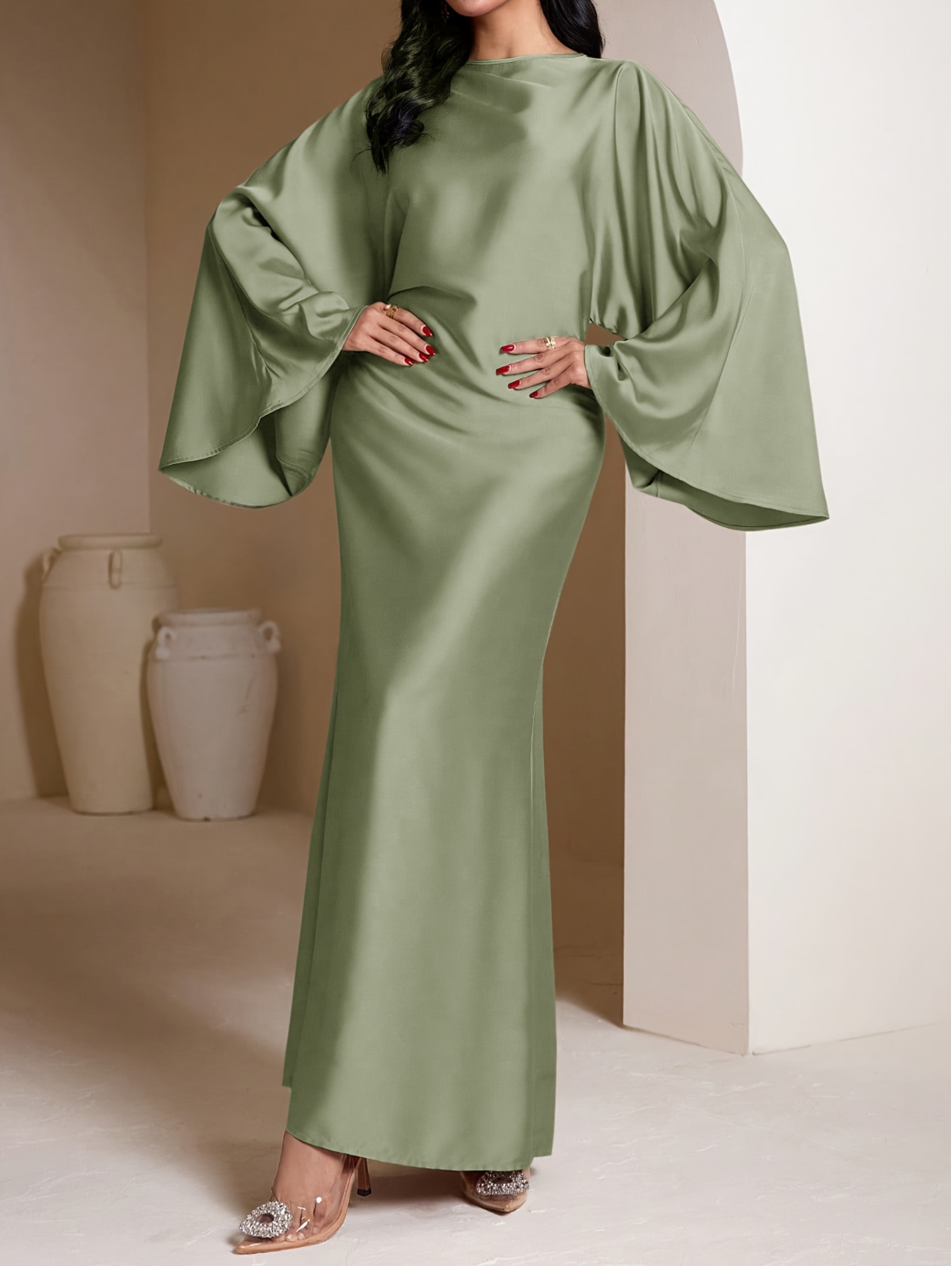 a luxurious olive green satin maxi dress bell sleeves - Temu Mauritius