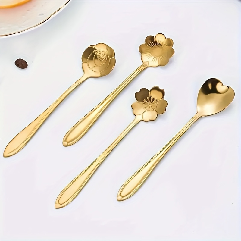 E-shop 4er-Set Blumen-Teeschaufel, Kaffeeschaufel aus Edelstahl, niedliche Eiscreme-Dessertlöffel, Besteckset, Dessertlöffel mit kurzem Griff, 12,3