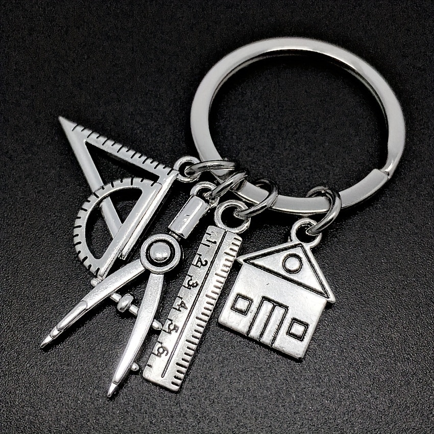 

Engineer-inspired Keychain: Architectural House, Ruler, Compass, And Abacus - Simple And White Zinc Alloy Design