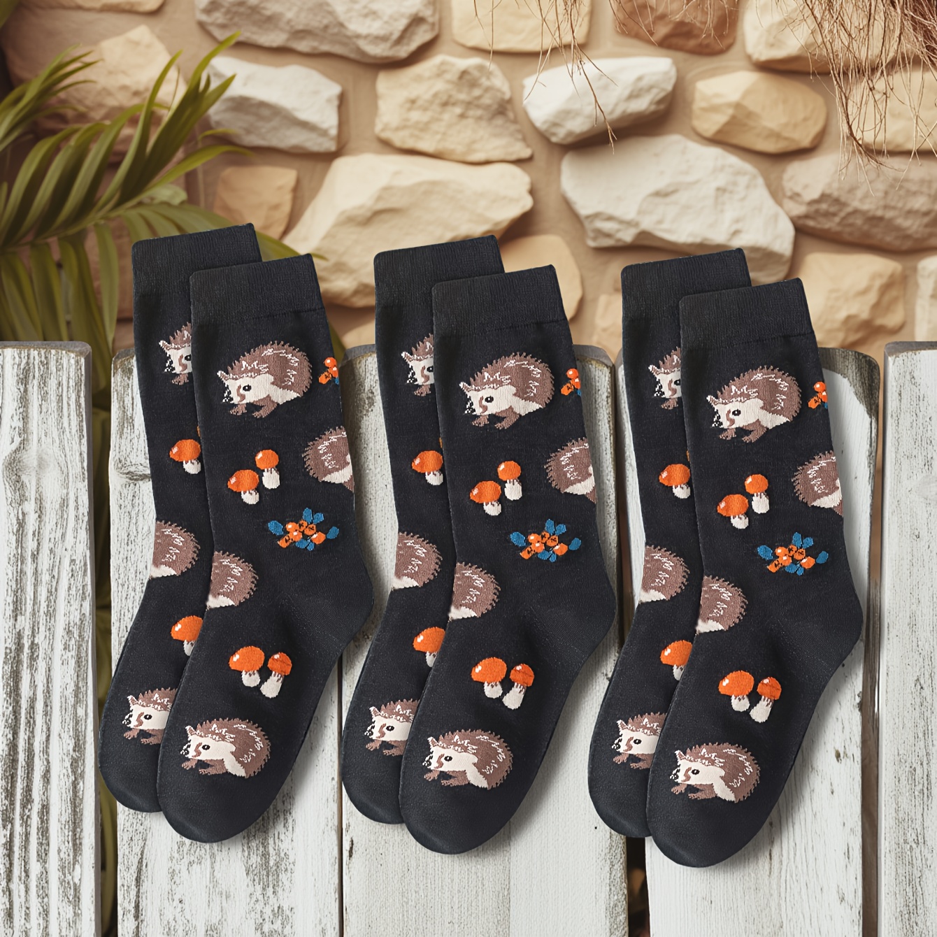 TEMU 3 Pairs Of Women's Mid-calf Socks With Hedgehog Print, Small Animal Pattern Women's Socks