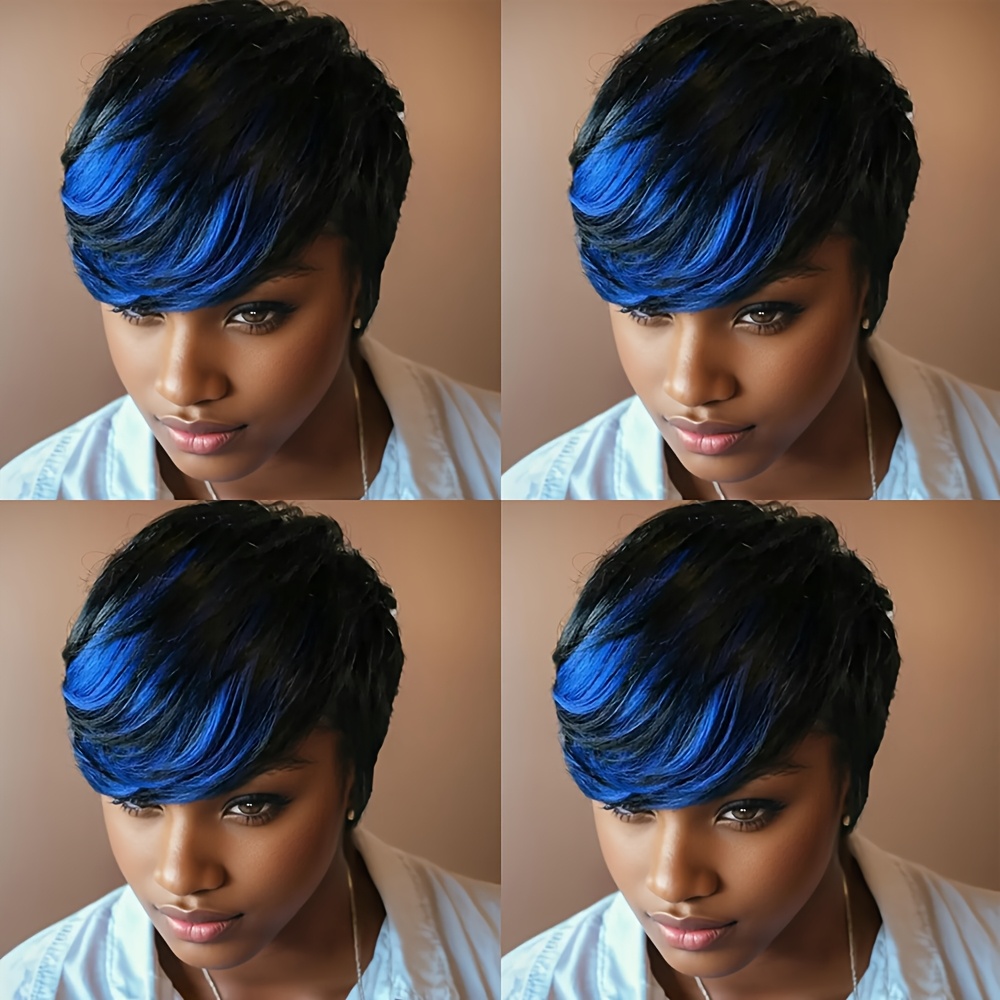 TEMU Black And Blue Hair Wig Synthetic Short Wigs For Women Short Haircut Wig With Bangs Mixed Blue Hairstyles For Women Trendy Wigs For Halloween & Christmas Cosplay Easy-to-wear Beginner Friendly