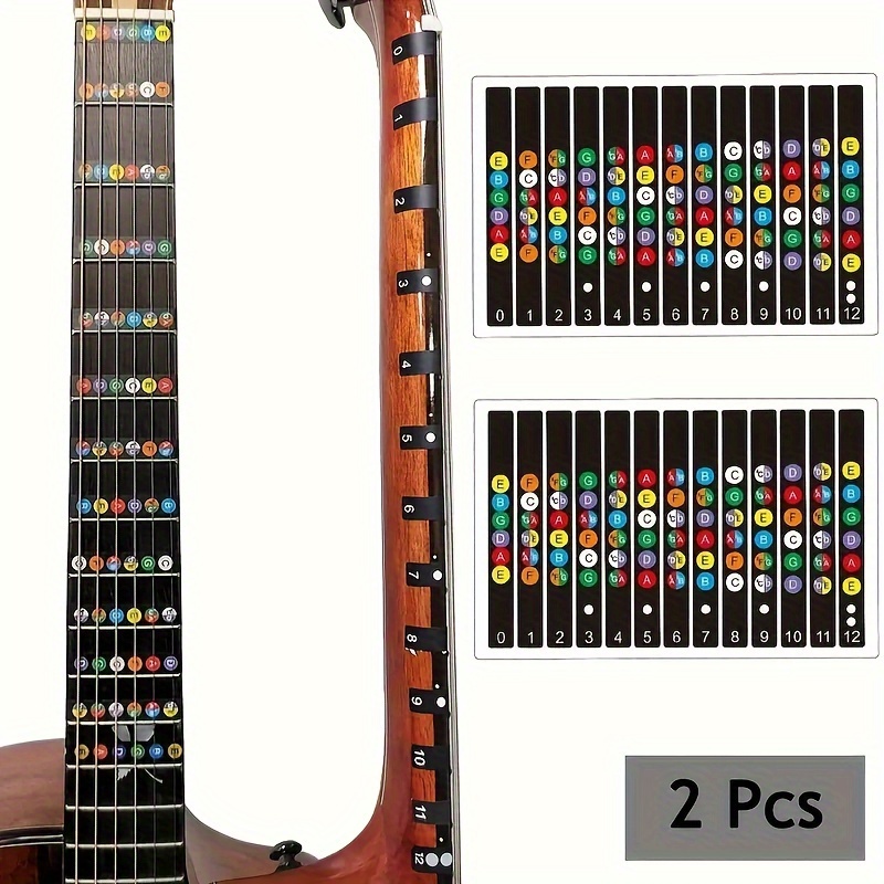Colorful Beginner Guitar Labels - Easy-to-Apply Fretboard Stickers with Notes & Chord Diagrams for Acoustic Guitars, Durable Material, Guitar Accessories