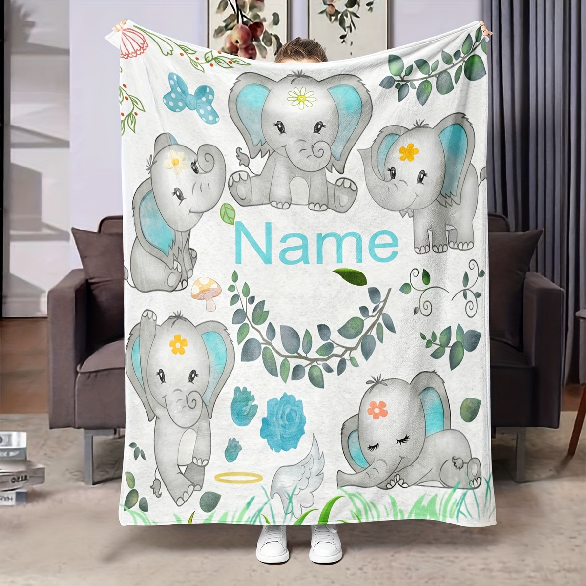 

Customized Elephant Blanket Personalized Design Cute Elephant Pattern Gift Blanket For Girls And Boys