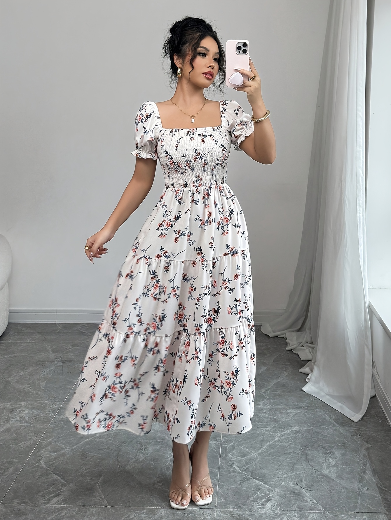vestido largo hombros descubiertos flores mujer dobladillo Temu