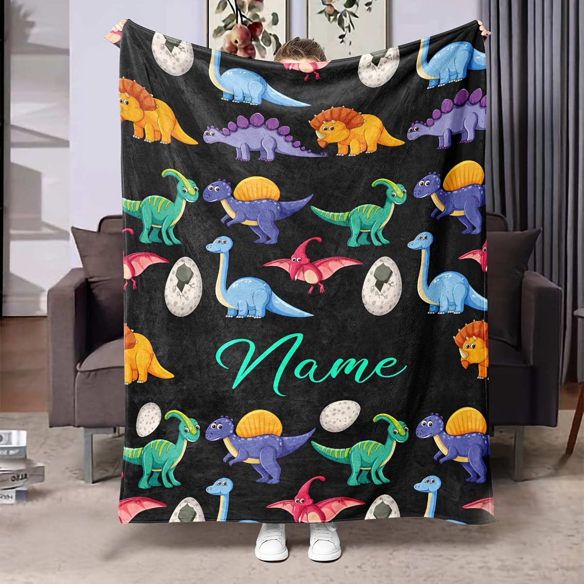 

Custom Dinosaur Cartoon Flannel Throw Blanket - Personalized Name, Soft & Warm For Couch, Office, Or Bed - Perfect Holiday Gift