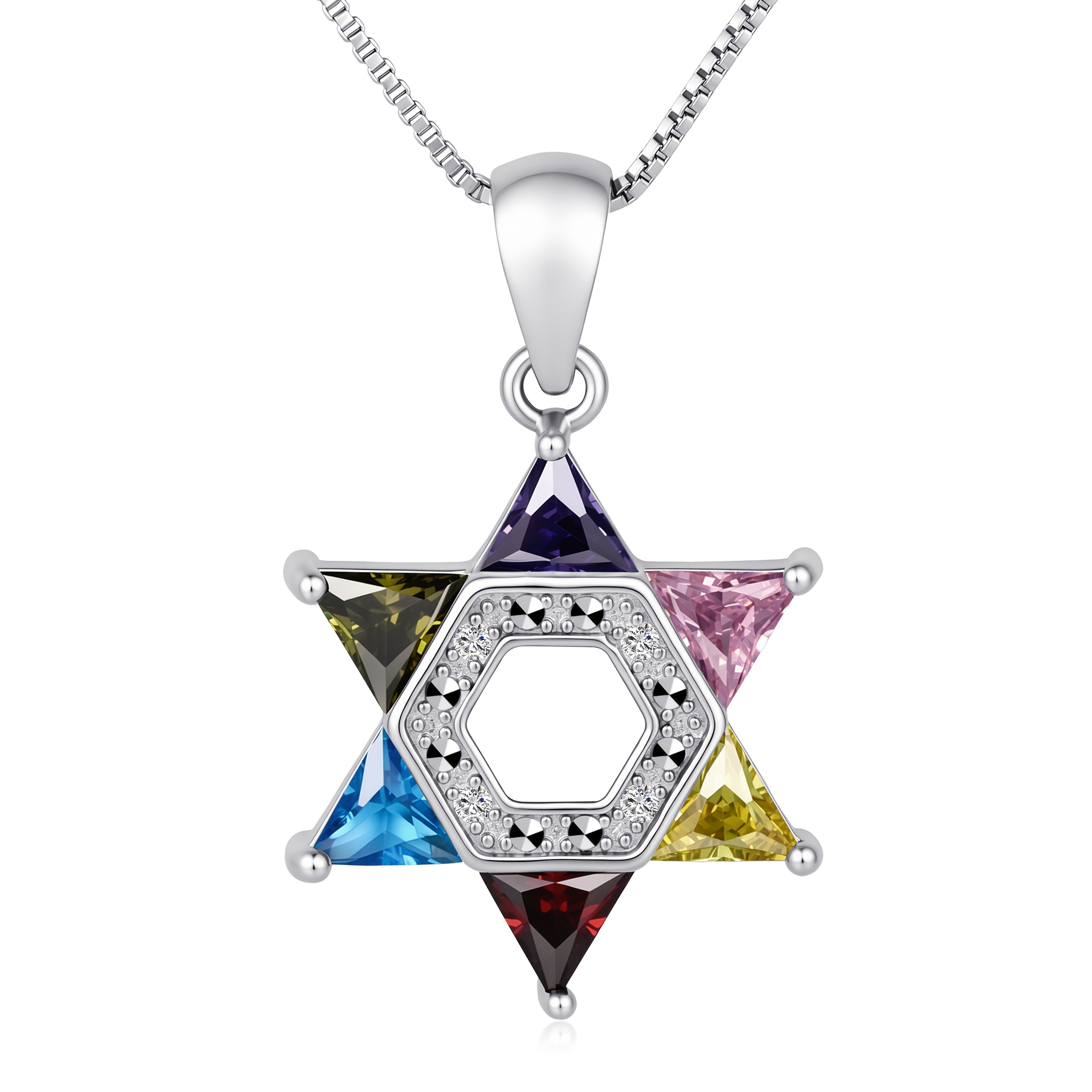 TEMU Necklace, Multiple Colors , Multicolor Cz Pendant With Blue Green Yellow Red Cubic Zirconia, White K Plated Chain Jewelry Gift For Women