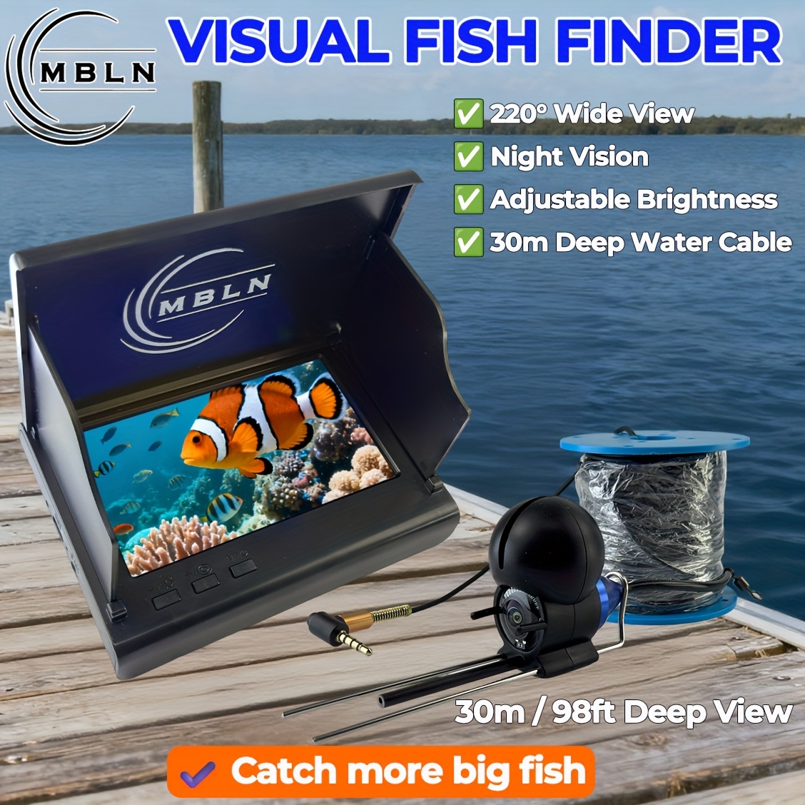 a visual fish finder with a 4 3 inch ips ultra     with 15 20 30 meters of cable high definition fishing probe supports infrared   220 degree viewing angle built in large capacity battery