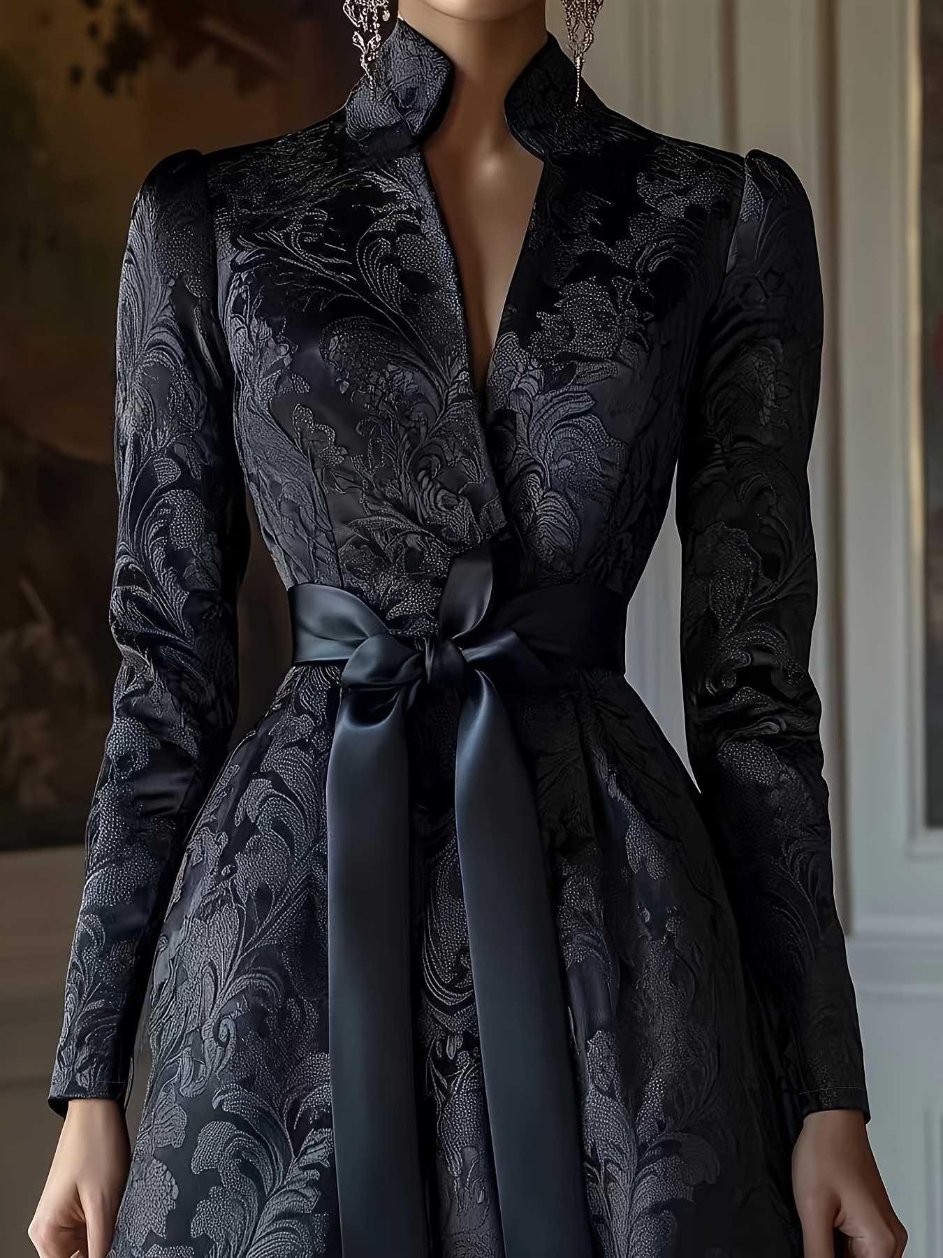 elegant black floral jacquard satin dress with v neck and long sleeves fitted a line silhouette   adult women   wear formal attire floral print dress satin fabric