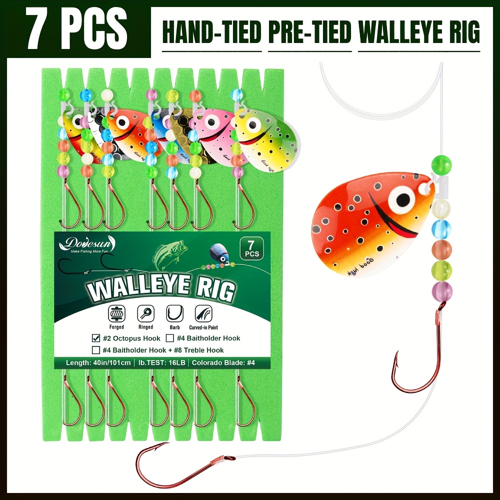 7pcs Pre-Assembled Walleye Spinner Fishing Setup – 16-Pound Walleye Rig Kit Featuring 360-Degree Spinner Blades, Worm Harnesses, And Double Fishing Hooks (Including Octopus Hooks, Baitholder Hooks
