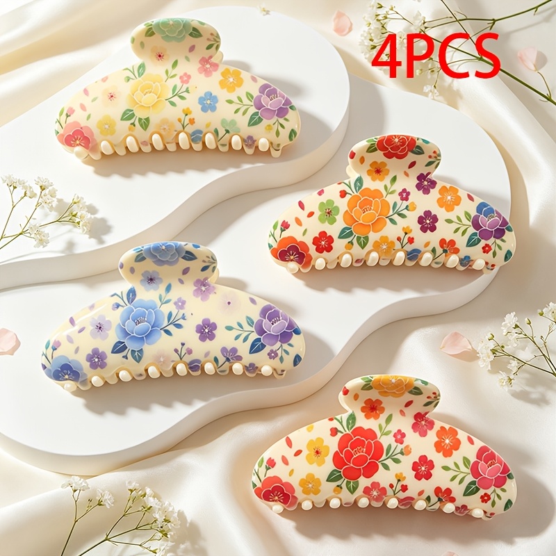 TEMU 4pcs Bohemian Style Floral Print Half-round Hair Claw Clips For Women, Back Of Head Daily Updo Shark Clips, Shower Updo Hair Ties, Half-up