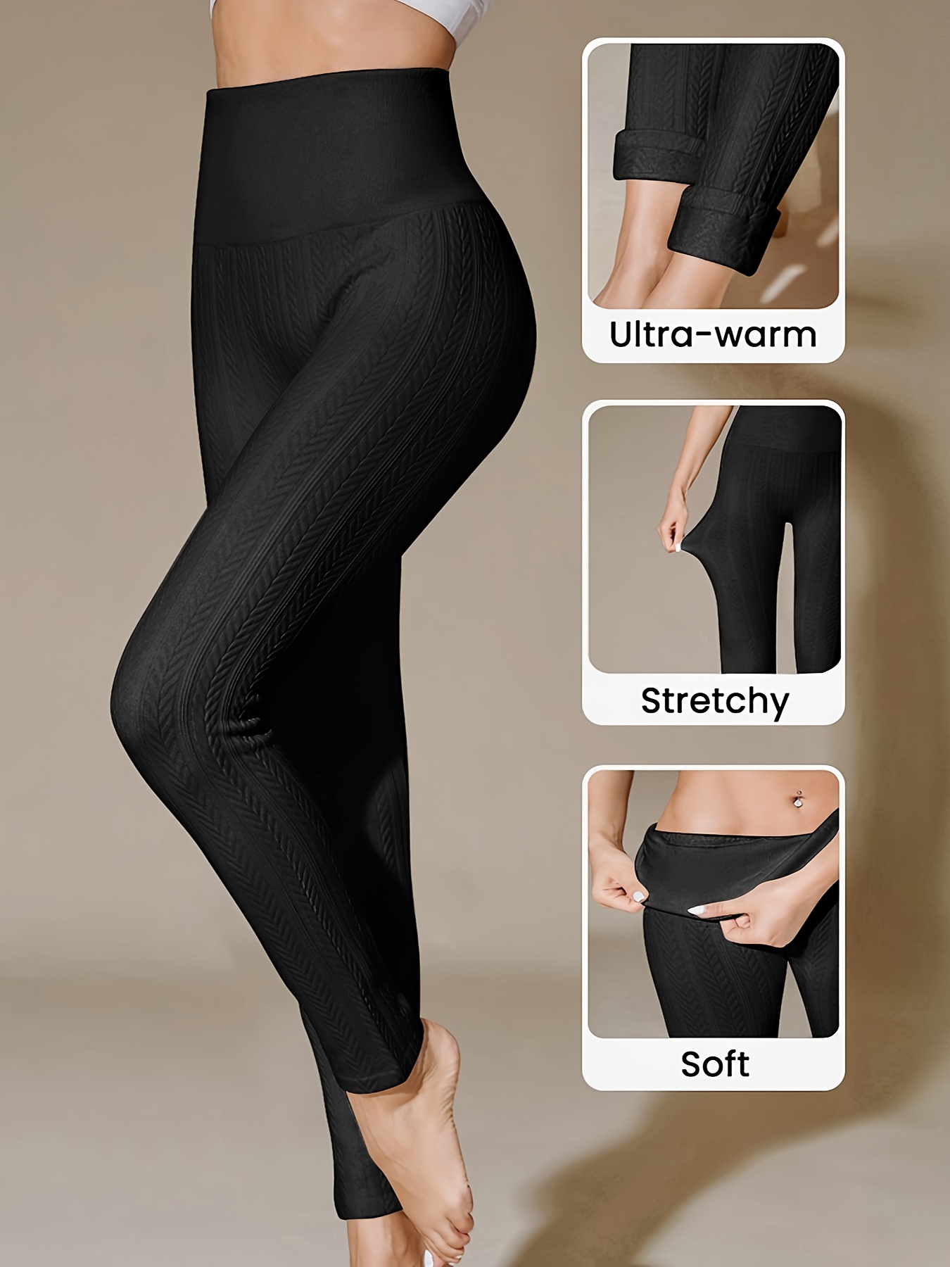 Warm Fleece-Lined Thermal Pantyhose, Comfortable Plush Leggings with Stripe  Pattern, Elastic Winter Tights for Autumn and Winter