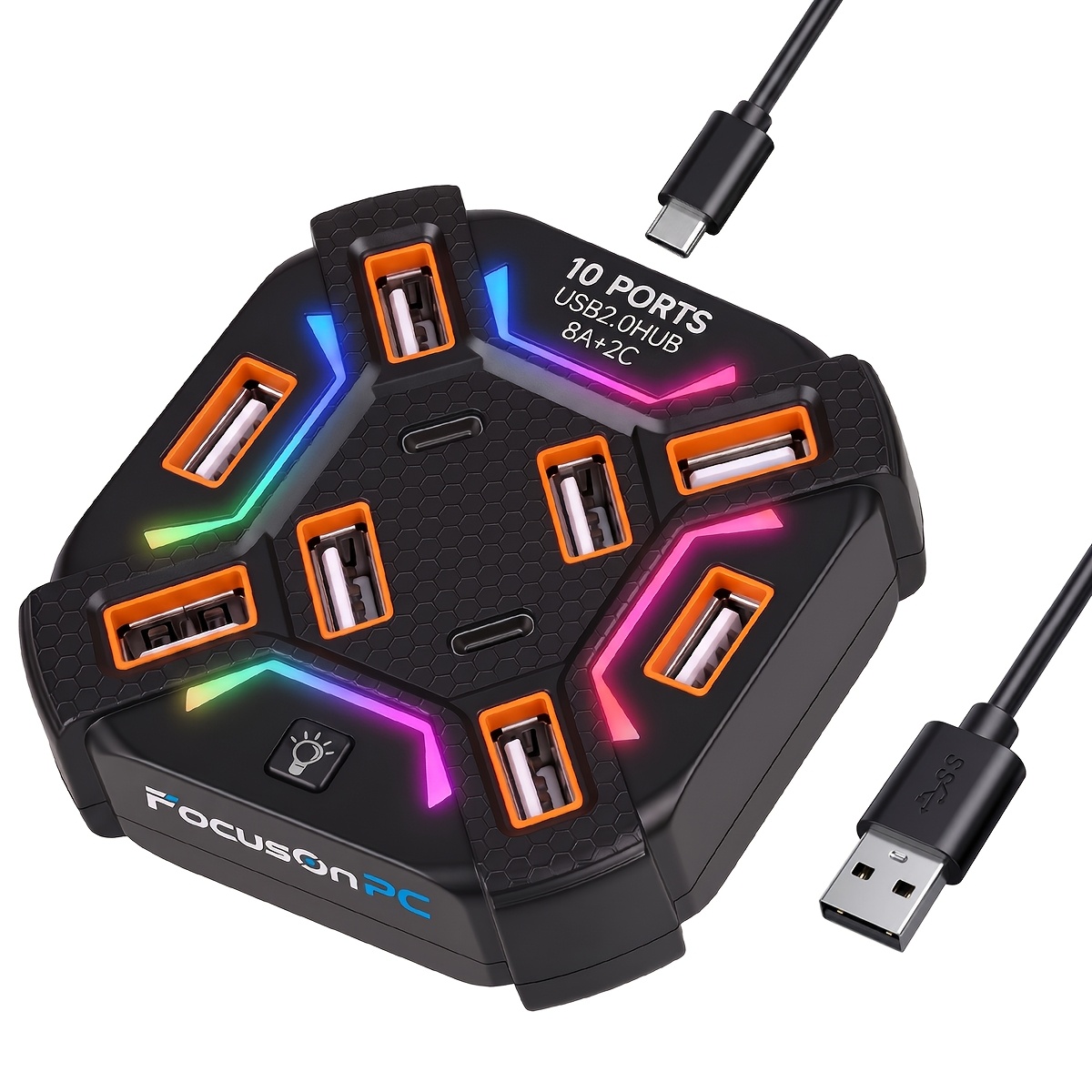TEMU 10-in-1 Usb 2.0 (8a + 2c) With Rgb Ambient Lighting, Independent Switch Control, 120 Cm Cable Length, And External Of A 10tb Hard Drive;