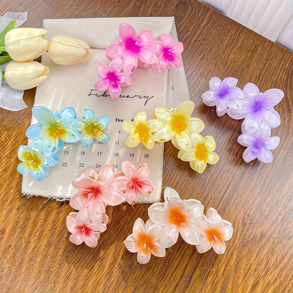 

6pcs Elegant Floral Hair Claw Set - Large, Non-slip Jelly Colors For Women & Girls - Ponytails & Styling