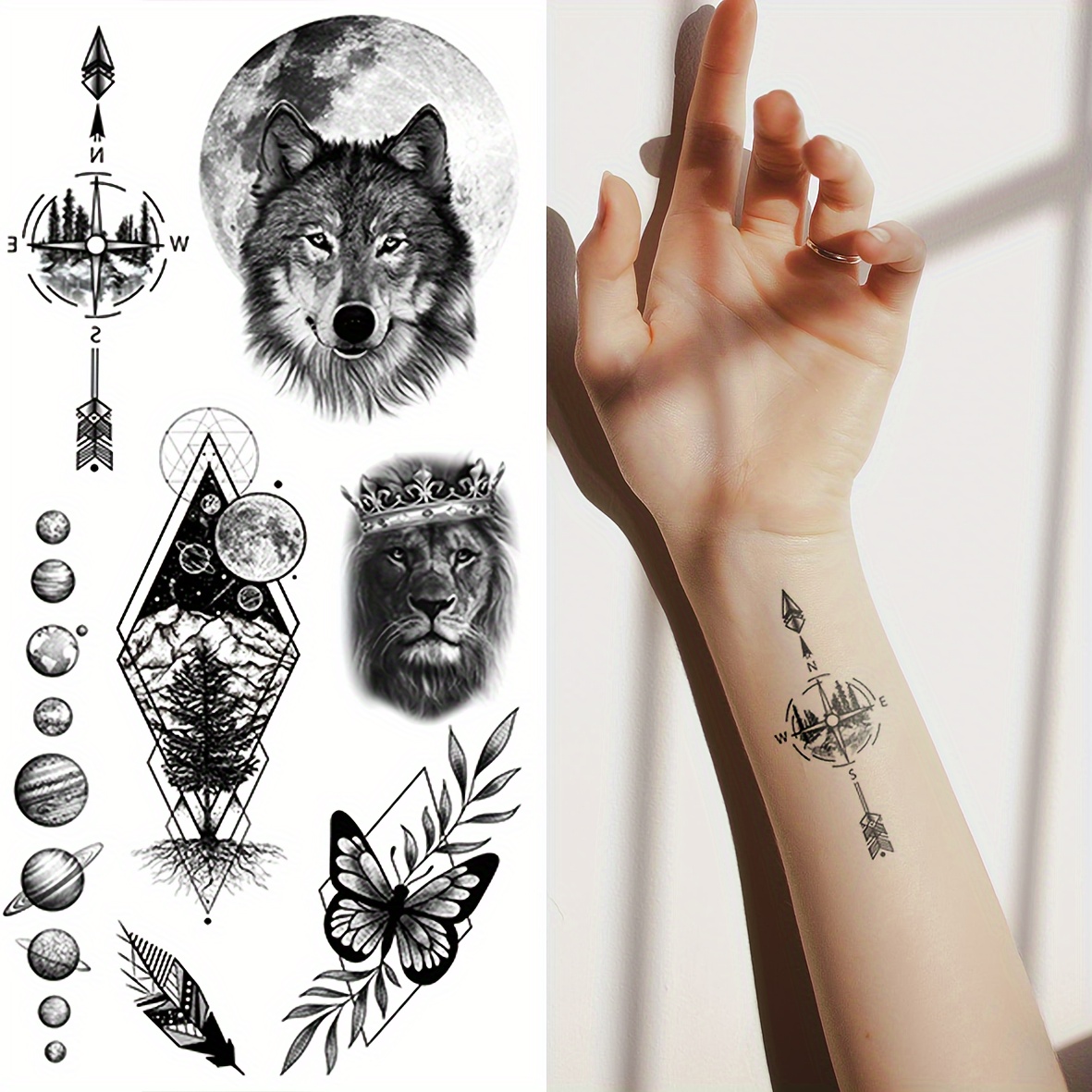 

15pcs Planet Compass Animal Ink Tattoo Stickers Waterproof Long Lasting Premium Sense Temporary Tattoo