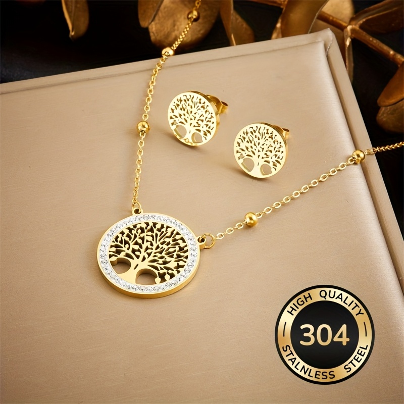 E-shop 304 Edelstahl Lebensbaum Halskette Ohrringe Schmuck Set Modisches Klassisches Lebensbaum Element Schmuck Party Schmuck Geschenk Feier Feiertags