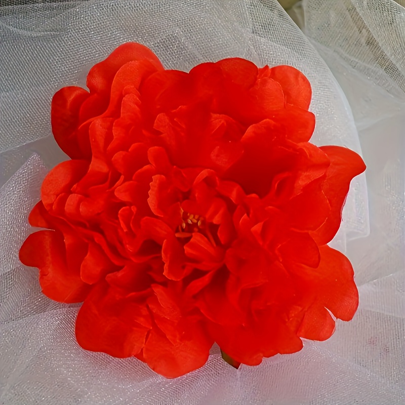 

Elegant 5-inch Red Artificial Flower Hair Clip - Vibrant Fabric Floral Accessory For Brides & Party Wear, Chic Round Design With Sheer Ribbon, Perfect Gift