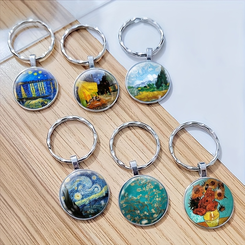 item picture 6pcs classic time gemstone keychain van   painting art monet painting art pattern simple and fashionable design suitable for daily use party gifts
