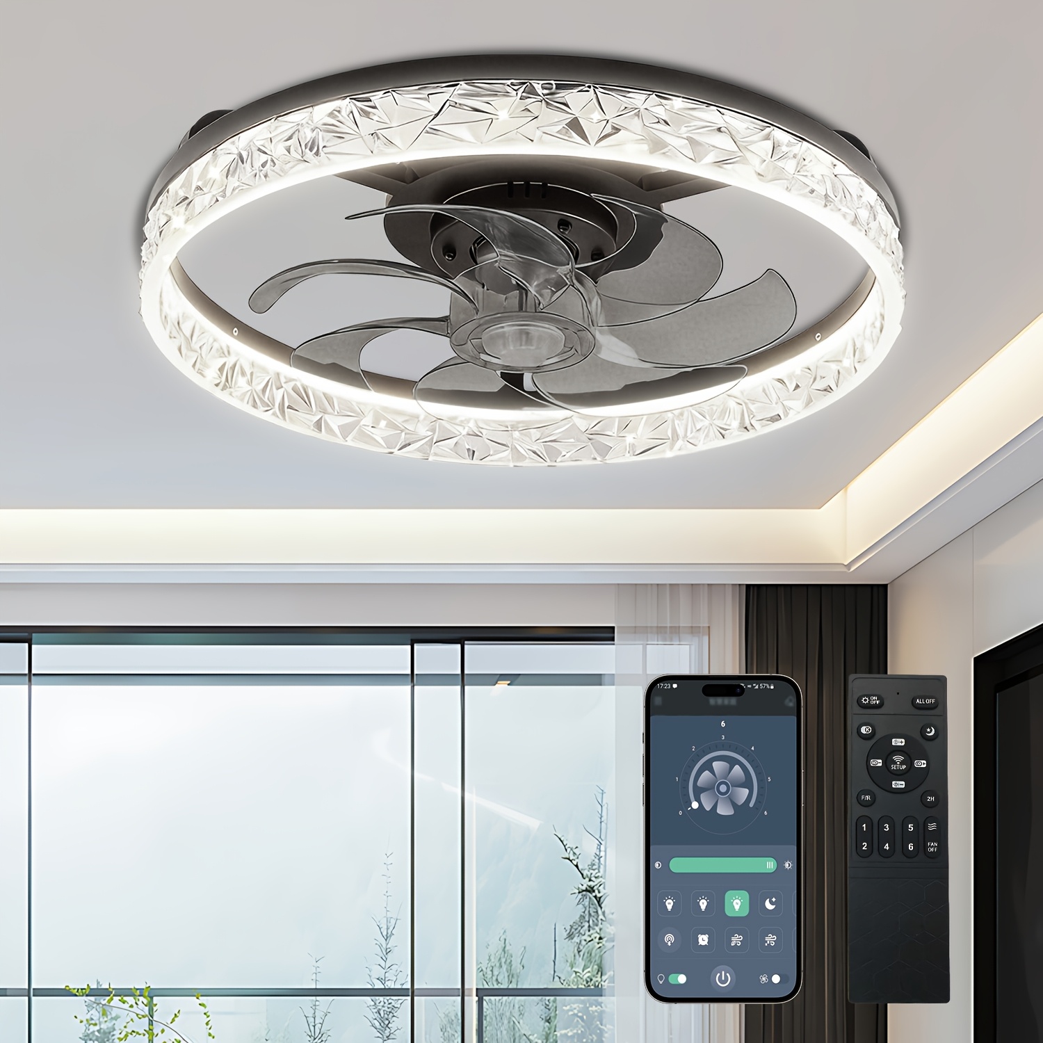 TEMU Led Ceiling Fan - 20" Ceiling Fan With Lights, App & Remote Control, 3 Colors Dimmable, 6 , Crystal Frame, Timing Function, Reversible , Indoor