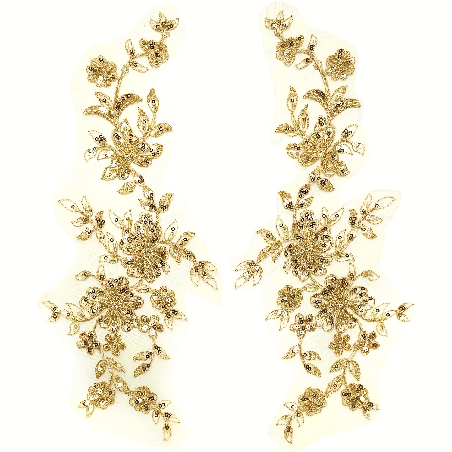 TEMU 1 Pair Of Heavy-duty Golden Sequin Beaded Floral Fabric Patches, 32*14cm, Mesh Wedding Dress Applique Embellishment
