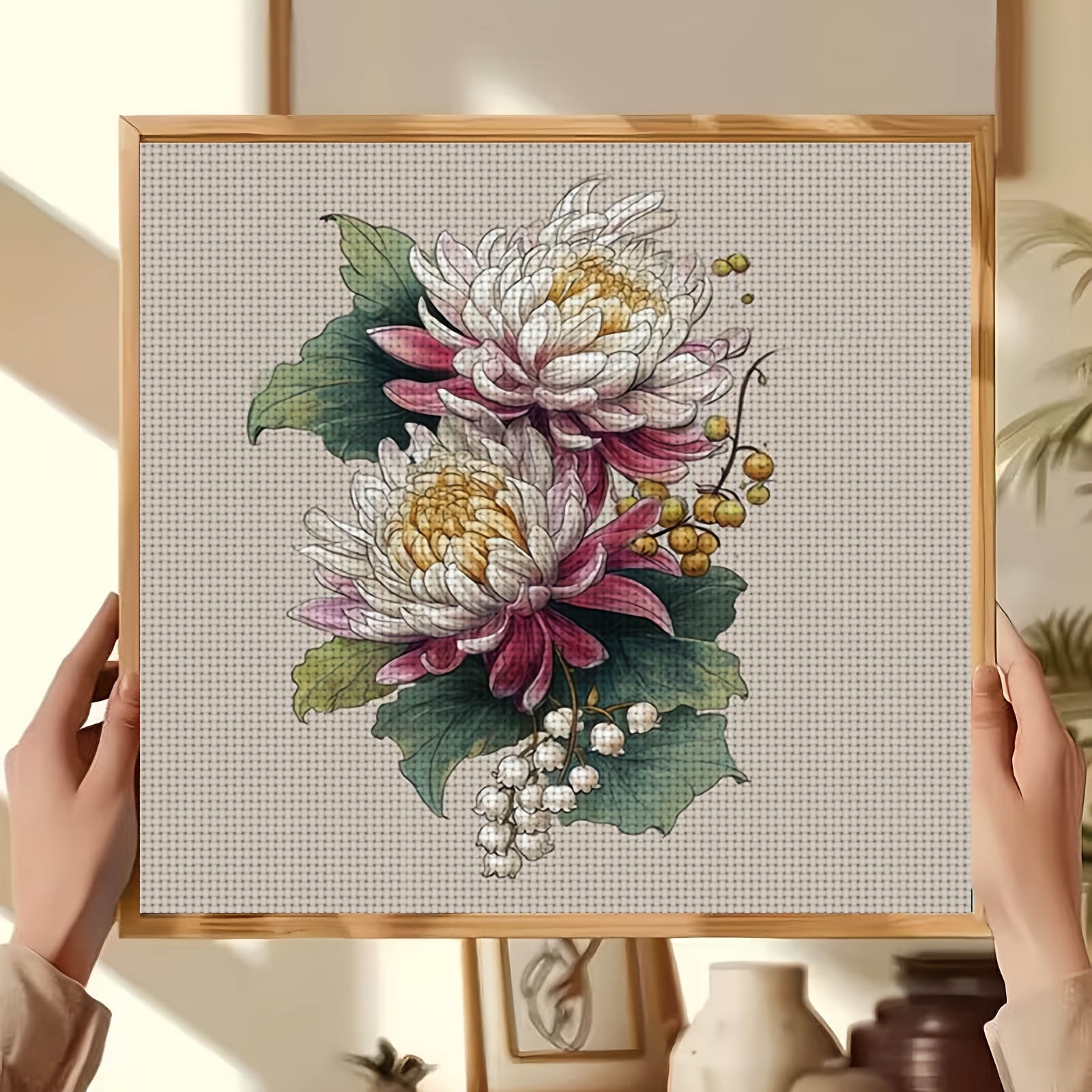 DIY Cross Stitch Print Kit, Pink and White Chrysanthemum Pattern