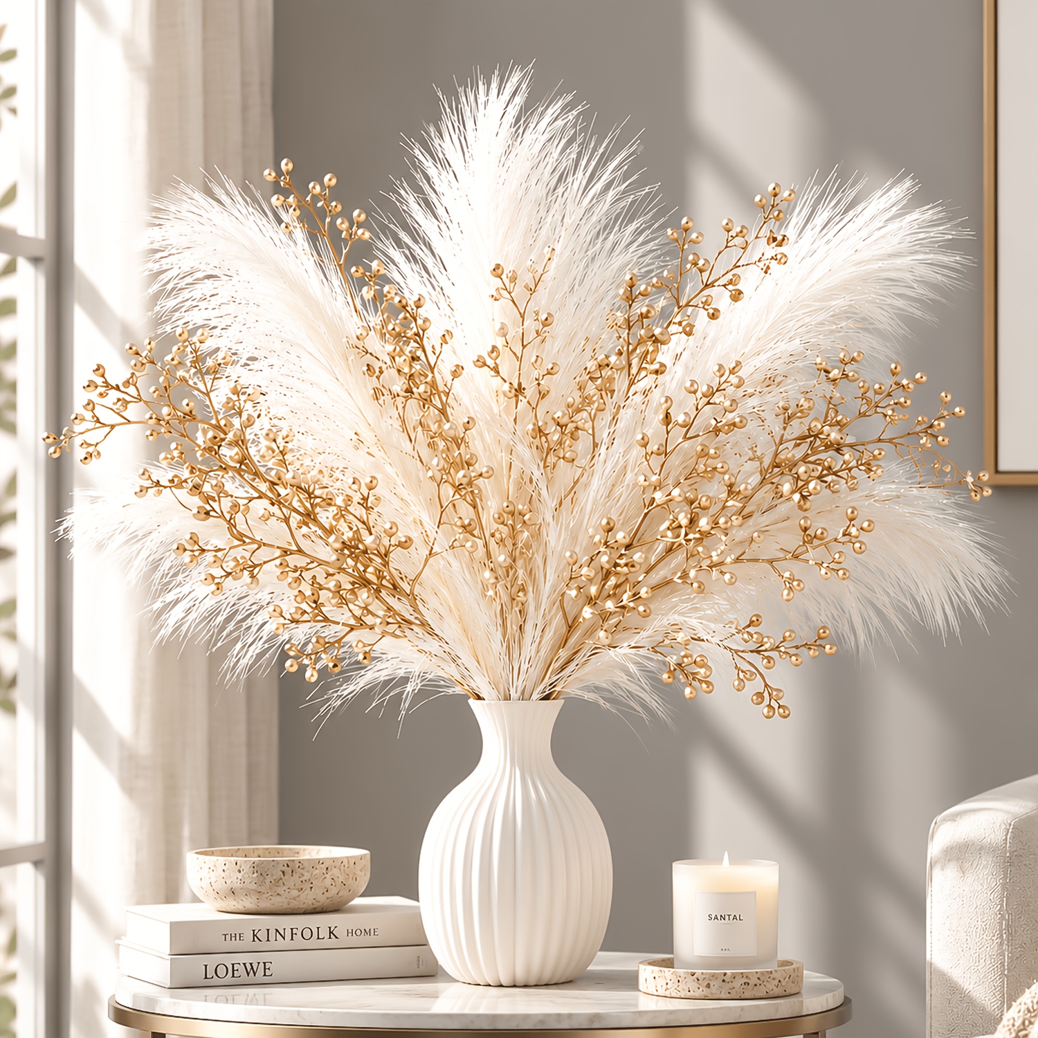 TEMU Set da 1 Bouquet con Nuvole, Foglie Dorate e Nappe, che Nappe di Piume Soffici , Rami con Foglie Larghi Miele-Dorate, delle Foglie Ambrate e