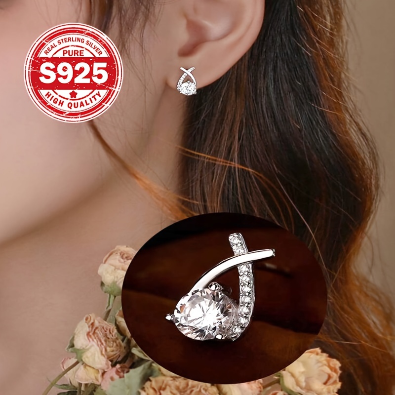 

Sterling Silver 925 Zirconia Sparkling Fish-tail Shaped Stud Earrings, Elegant Luxury, Ideal For Valentine's Day Gift & Daily Wear