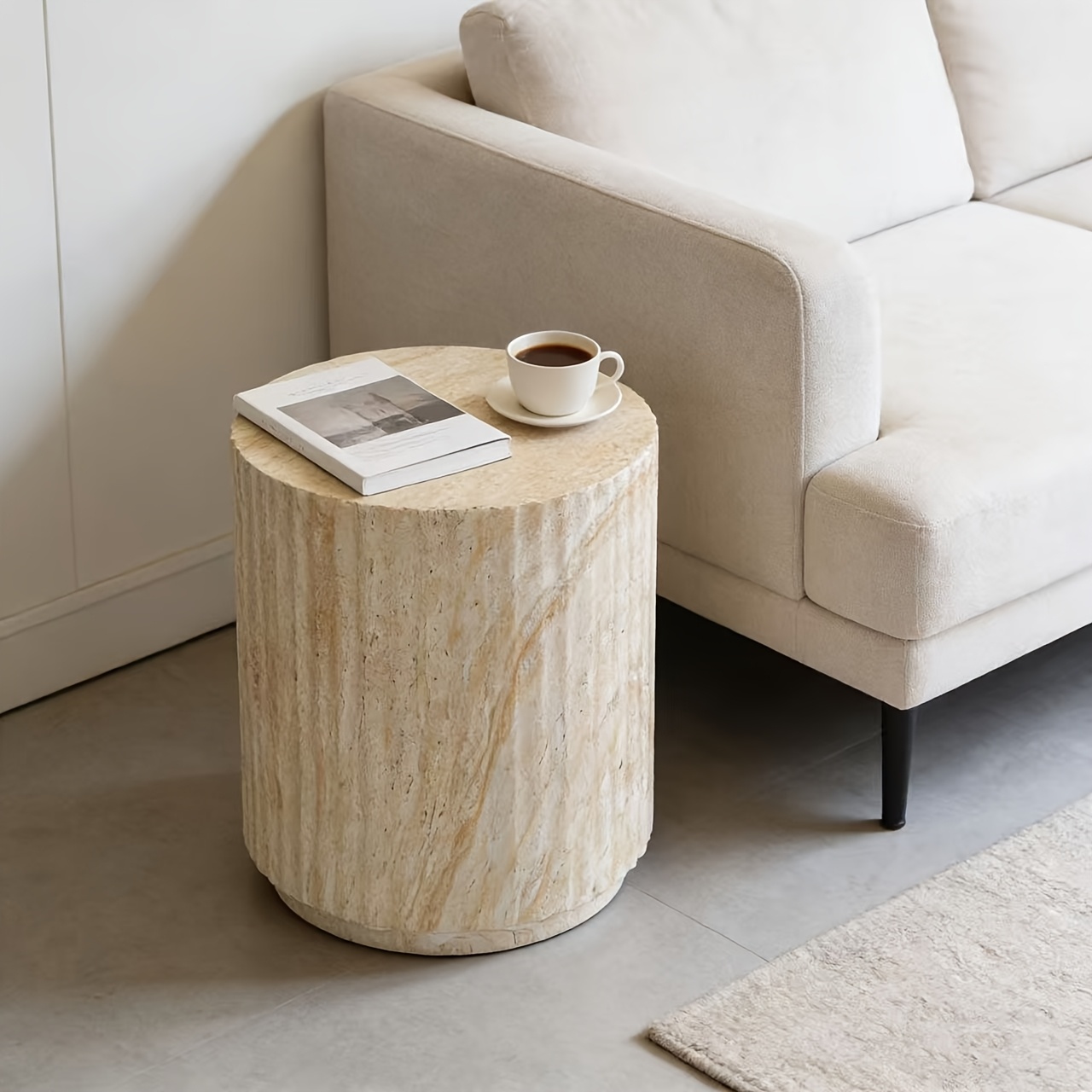 1pc Light Luxury Faux Cave Stone Side Table with a Cylindrical Vertical Stripe Design, Suitable for Living Room Sofa Side Or As a Small Bedside Table in The Bedroom