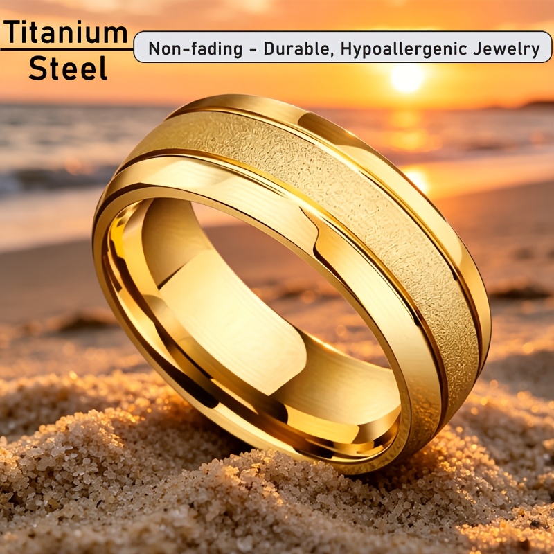 TEMU 1pc Fine Golden Glitter , Fashion 8mm Titanium Steel Engagement And Wedding Band Hypoallergenic Additions Gift Jewelry For Women And Men