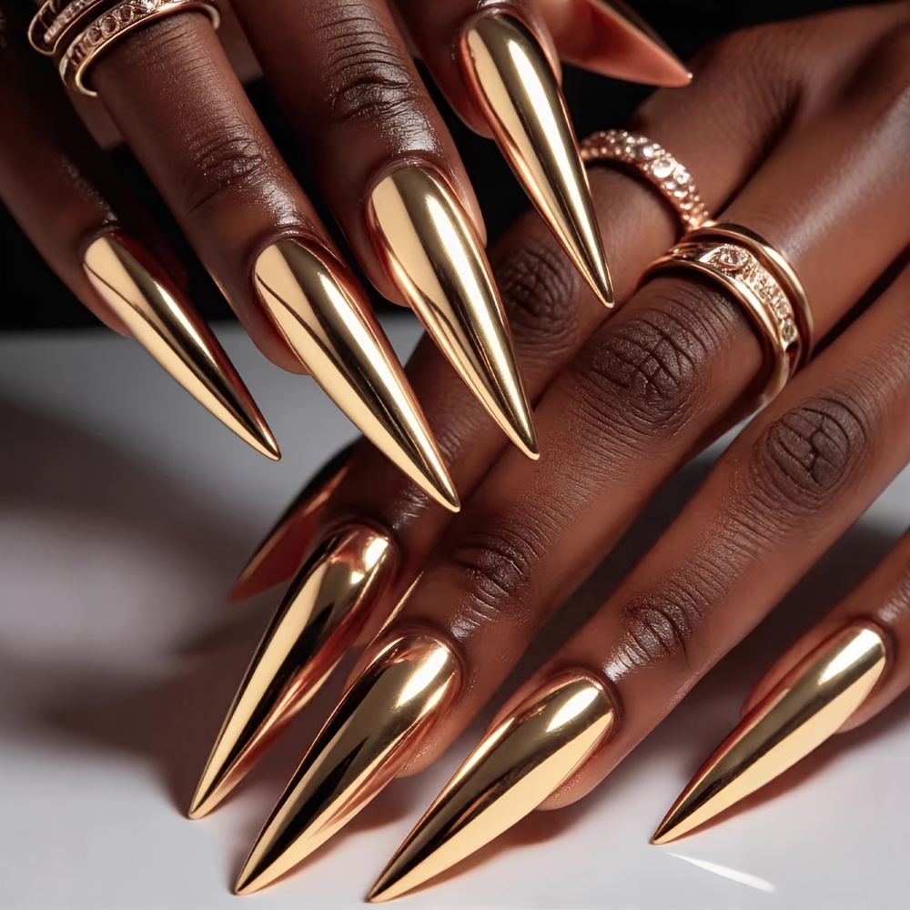 TEMU 24pcs Of Electroplated Ultra-shiny Fake Nails, Removable False Nails, Stylish Golden Manicure, Long Almond-shaped Nails For Women, Press-on